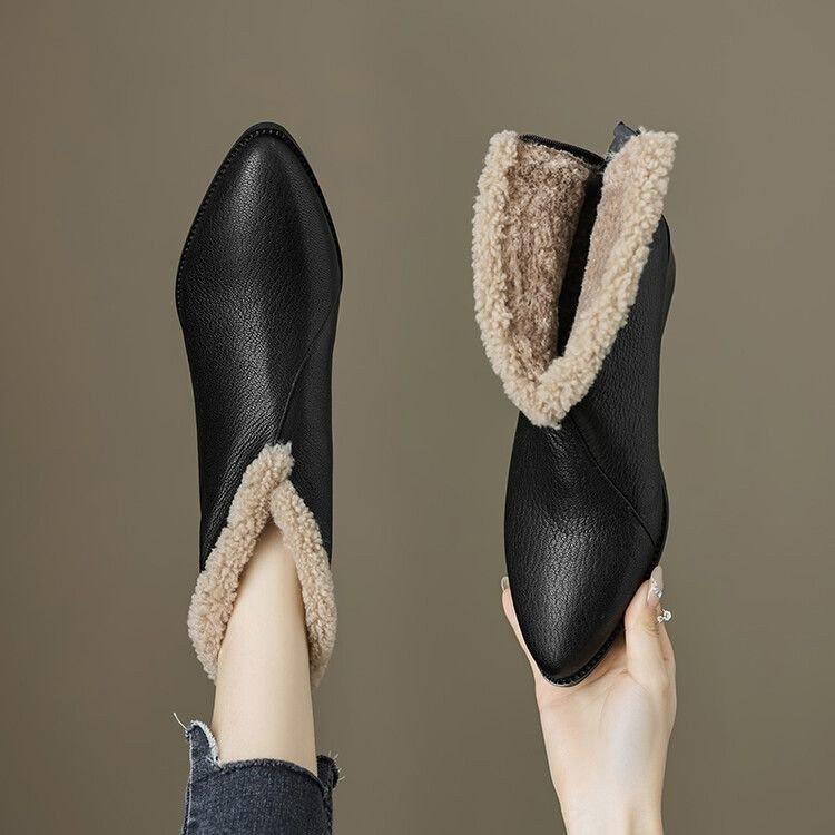 Pointed thick heel Martin boots women's new fashion soft leather velvet versatile temperament warm short boots cotton boots snow boots women