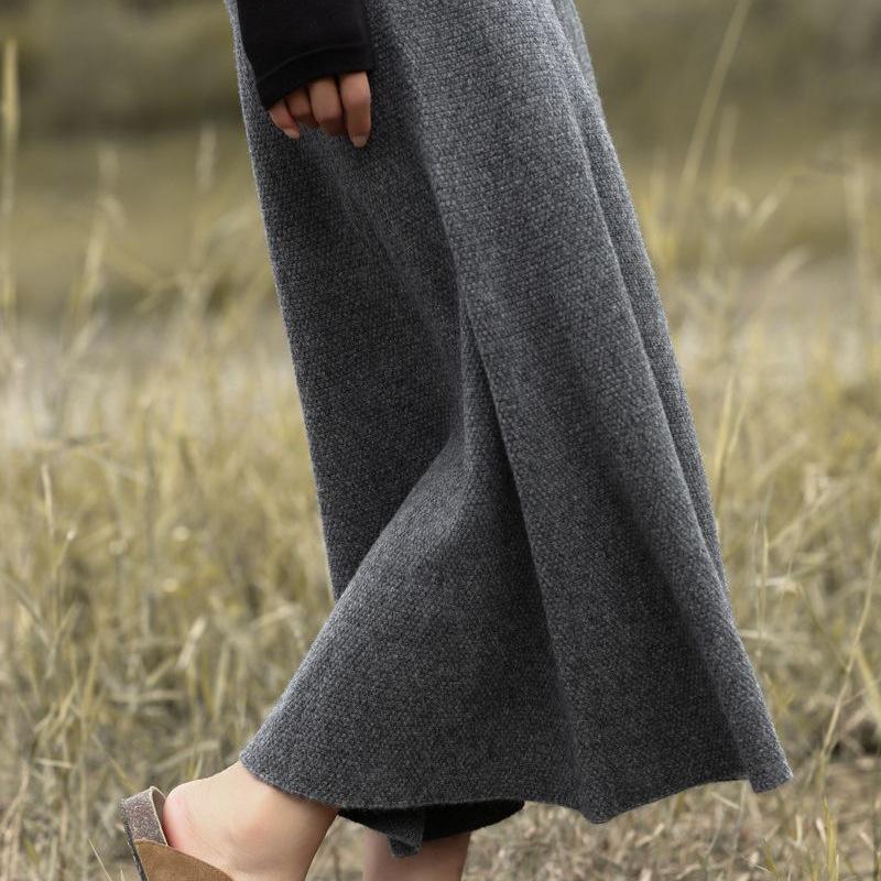 Women's High-Waist Mid-Length Wool Pleated A-Line Skirt for Autumn/Winter