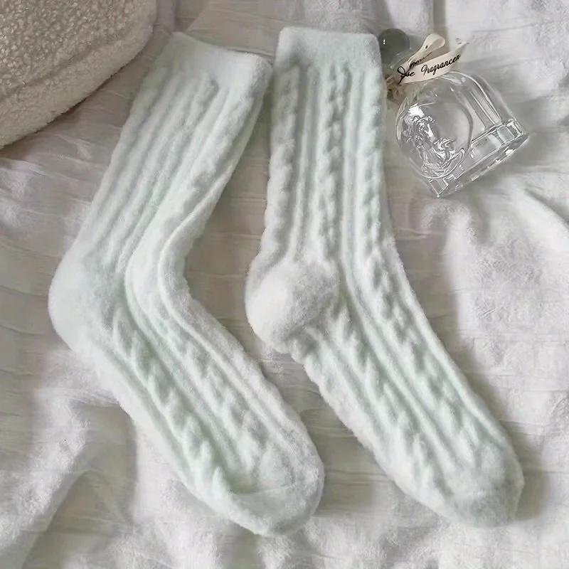 New Soft and Fluffy Fluffy Socks Autumn Winter Thicken and Thickened Macaron Color Mid Calf Sock for Cold Protection Solid Color