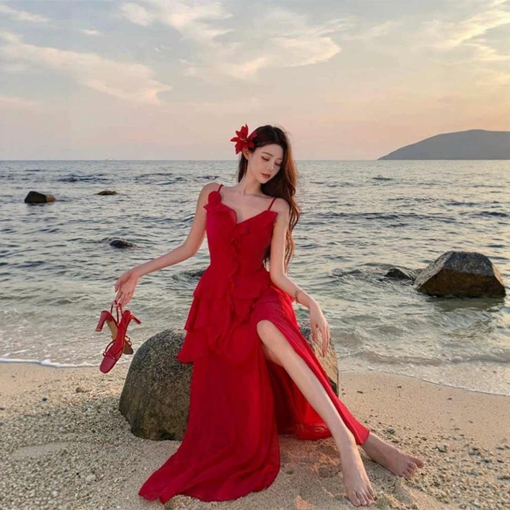French Beautiful Irregular Ruffle Edge Red Suspender Dress Women's Summer Seaside Vacation Atmosphere Temperament Dress