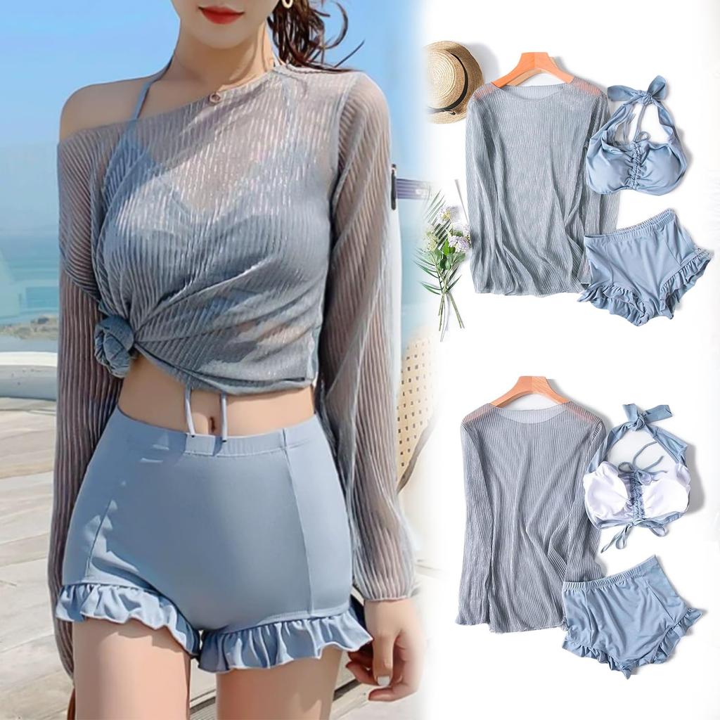 SeiunAn Bikini Swimsuit with Separate Tankini and Rash Sheer UV Sun Perfect for the Beach or Pool Women's 3-Piece Shorts, Guard, Cover-Up, Wireless,