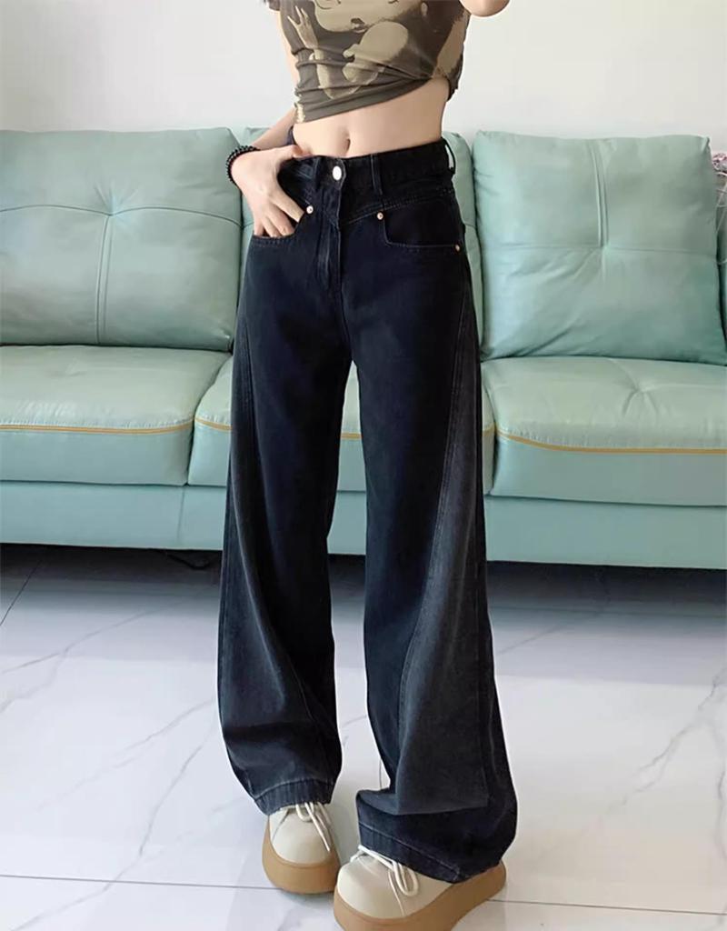Women's Black Wide Leg Jeans 2024: High Waist Color Block Slimming Pants for Winter, Spring, and Autumn.