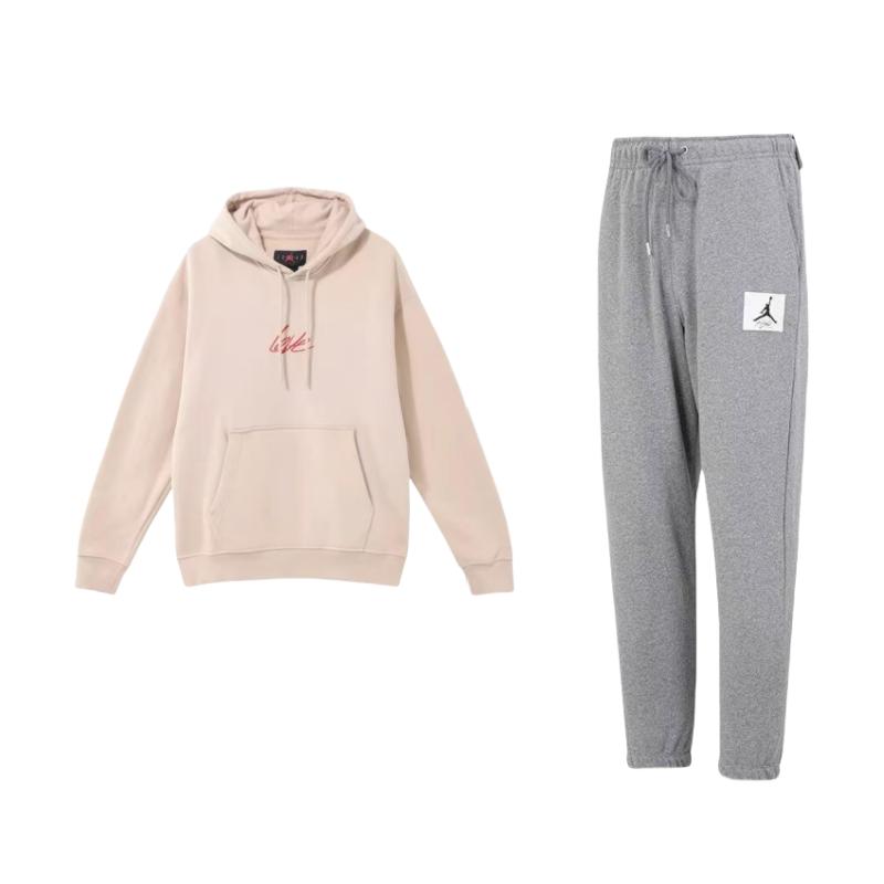 

Jordan Толстовка с капюшоном и вышитыми буквами, длинный рукав, толстовка со шнурком и средней талией, длинные брюки, повседневный спортивный костюм, мужская толстовка, брюки DQ7469-091+FD4801-292 L