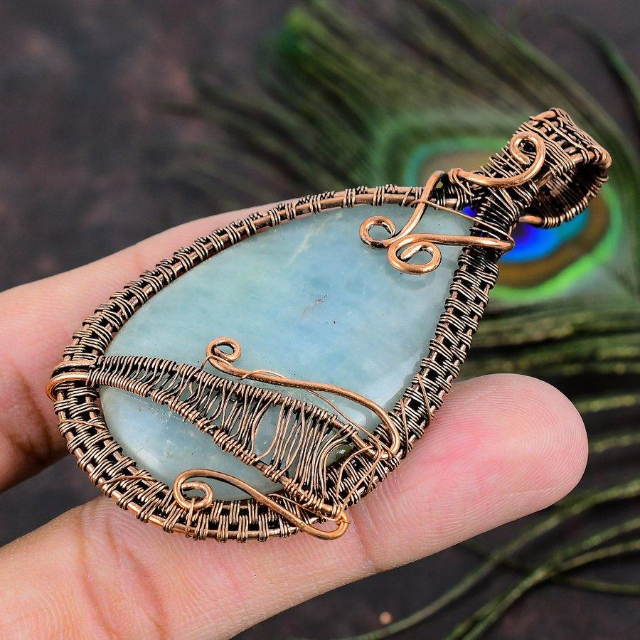 Natural Aquamarine Gemstone Handmade Copper Wire Wrap Gift Pendant 3.03 h9U63