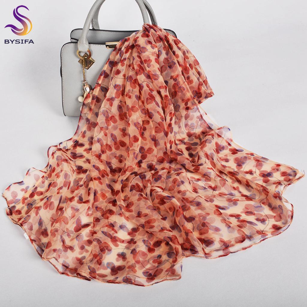 BYSIFA| Beige Pink Women Long 100% Mulberry Silk Scarf Printed Fashion Leave Pattern Brand Spring Ladies Scarves Shawls  170*105