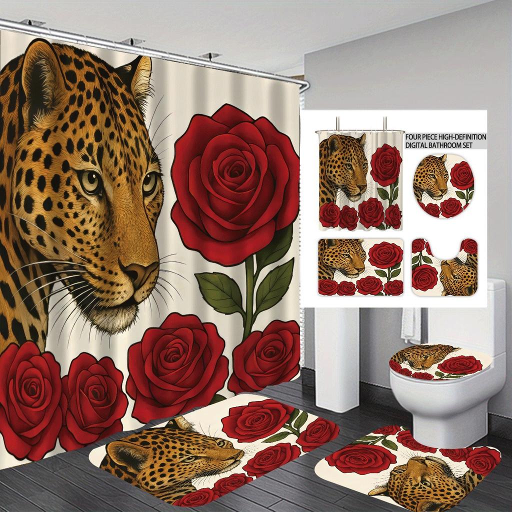 Bathroom Four-Piece Leopard 3D Digital Printing Shower Curtain Set Non-Slip Floor Mat