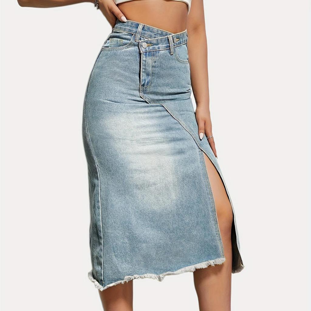 Bleistift-Jeansrock für Damen, hohe Taille, A-Linie, einfarbig, knöchellang