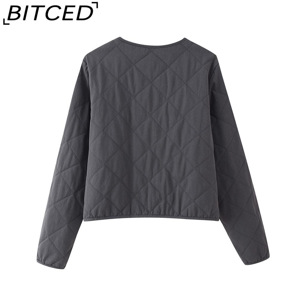 BITCED Women's Autumn/Winter Oversized Loose-Fit O-Neck Long-Sleeved Washed Cotton Diamond-Patterned Cotton Coat