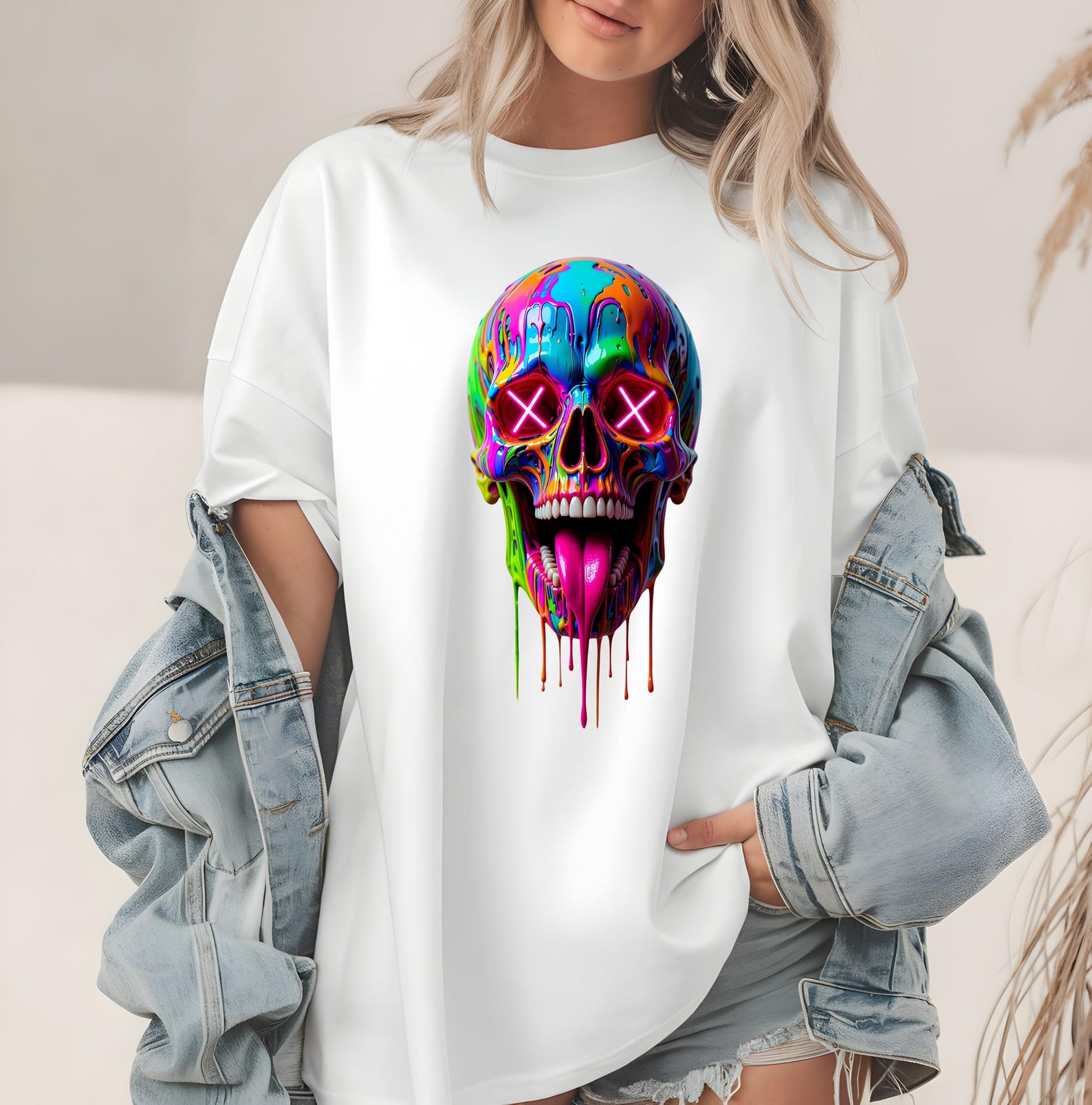 Neon Skull Dripping Paint T-Shirt, Colorful Rainbow Graphic Tee, Artist Apparel XL
