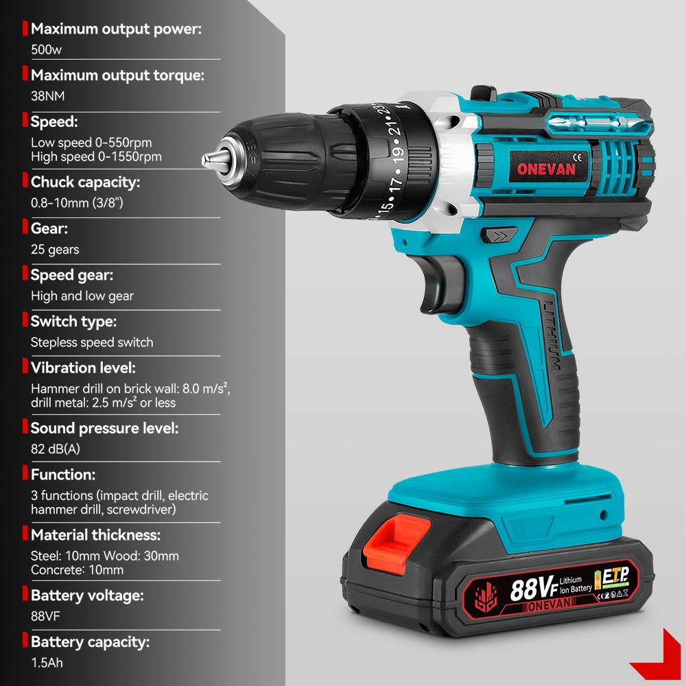 ONEVAN Electric Impact Drill 25+3 Torque 500W Cordless Electric Screwdriver Woodworking Power Tool For Makita 18V Battery Pin