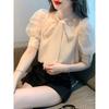 Women's Short Sleeve Blouse Bow Tie Neck Chiffon Top Elegant Commuter Shirt For Summer