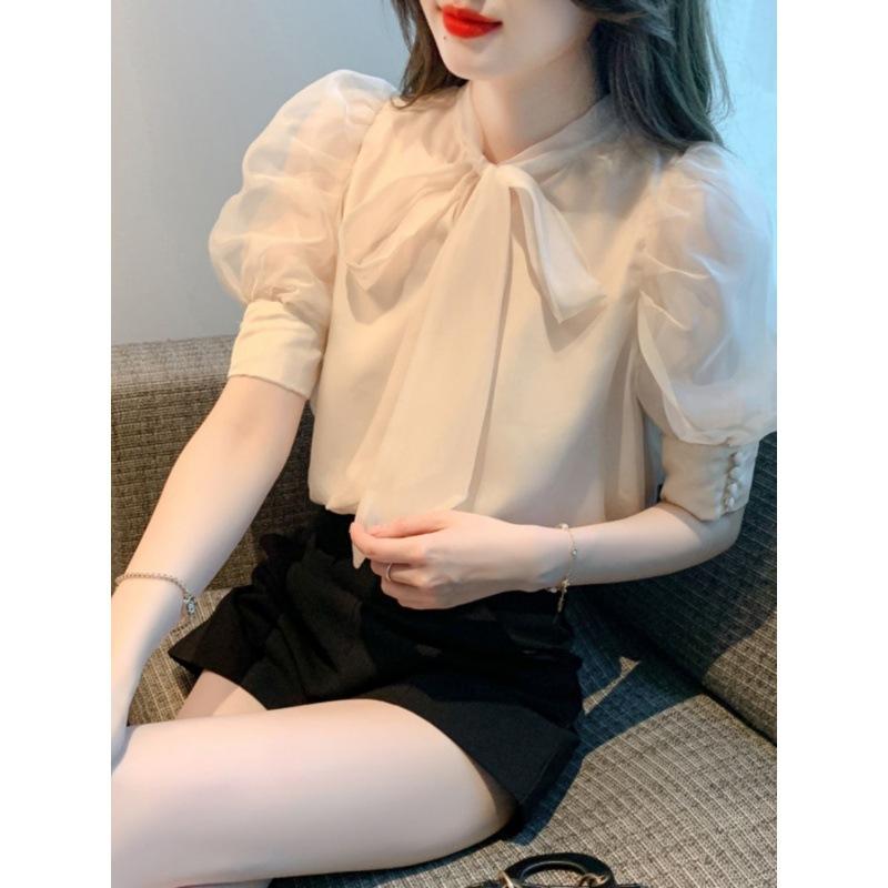 Women's Short Sleeve Blouse Bow Tie Neck Chiffon Top Elegant Commuter Shirt For Summer