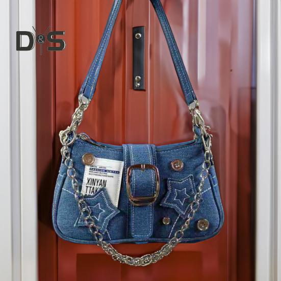 Grunge Hobo Bag Denim Shoulder Bag Underarm Bag Vintage Crossbody Bag Casual Handbag for Women Girls Daily Outings Street