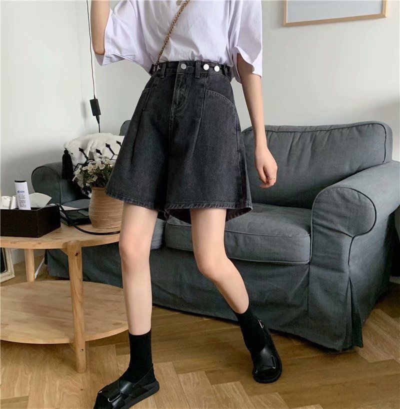 WTEMPO Big Pocket High Waist  Loose Wide Leg A-line Denim Shorts Women Casual Street Wear Party