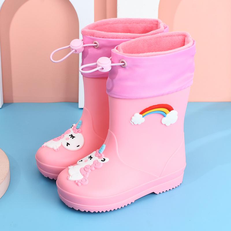 Cizme de ploaie pentru copii cu desene animate - Căptușite cu fleece, Antiderapante, Șnur pentru băieți și fete, Pantofi de grădiniță pentru toate anotimpurile