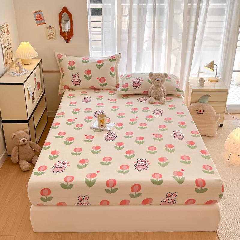 Cute Cartoon Bear Pattern Flannel Fitted Sheet Set Warm Breathable Super Soft Deep Pockets Mattress Cover for Kids Boys Girls