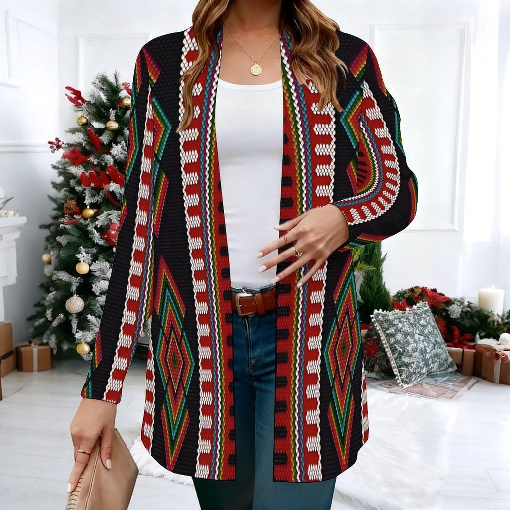 Women's Retro Kilim Motif 3D Print Long Sleeve Open Front Cardigan, Casual Loose Fit Lightweight Street Style Outerwear