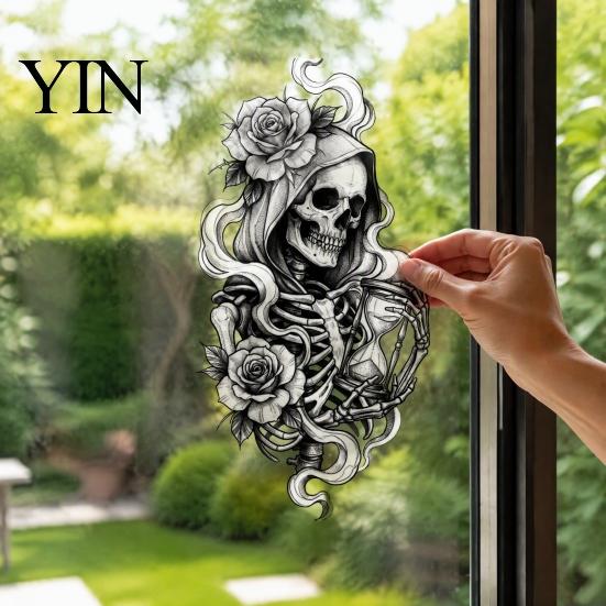 Autocolant de sticlă personalizabil Schelet și Trandafir Halloween Static Window Clings, Craniu Schiță Detașabil și Film Ușor de instalat Autocolant Floare, PVC Impermeabil
