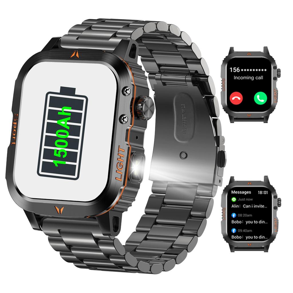 Rugged and Durable Military Smartwatch 1500mAh Battery 30-day Blouetooh Call multi-functionality,LED Flashlight 150sports Modes Android iPhone.