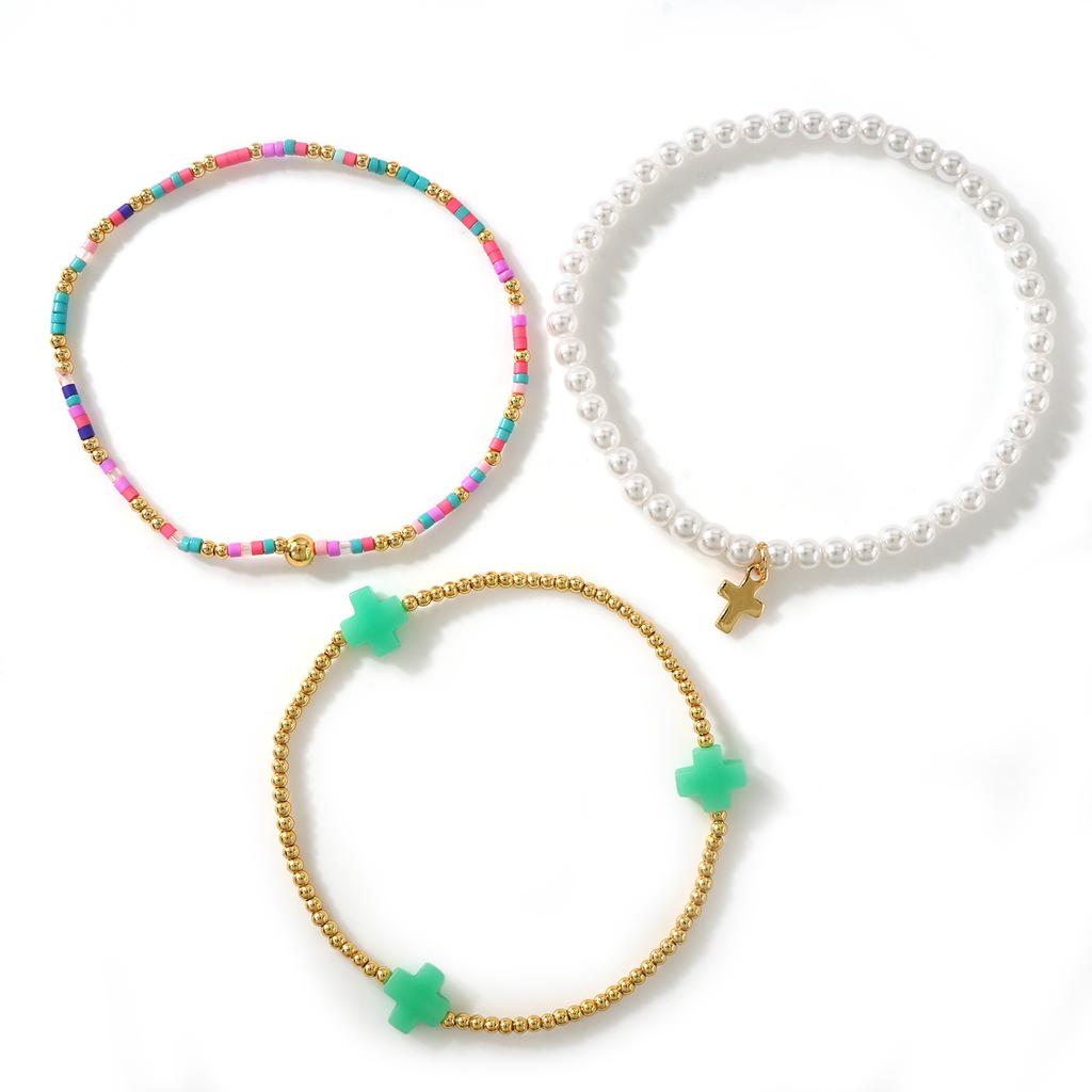 Go2boho 3Pcs Cross Beaded Bracelets for Women, Pearl Look Colorful Stackable Stretch Bracelet Set Boho Jewelry Gifts