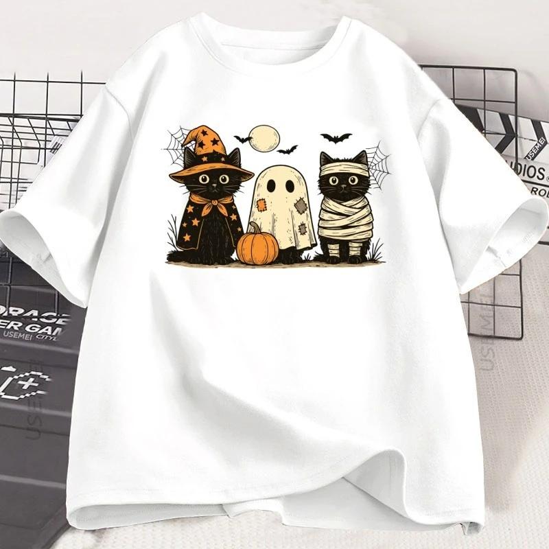 Mens Printed 100 Cotton ShortSleeved Pumpkin Ghost and Black Cat Pattern Casual LooseFitting Comfortable TShirt