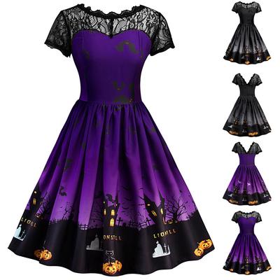 Damen Kurzarm-Halloween-Retro-Spitzen-Vintage-Kleid, A-Linie, Swing-Kleid