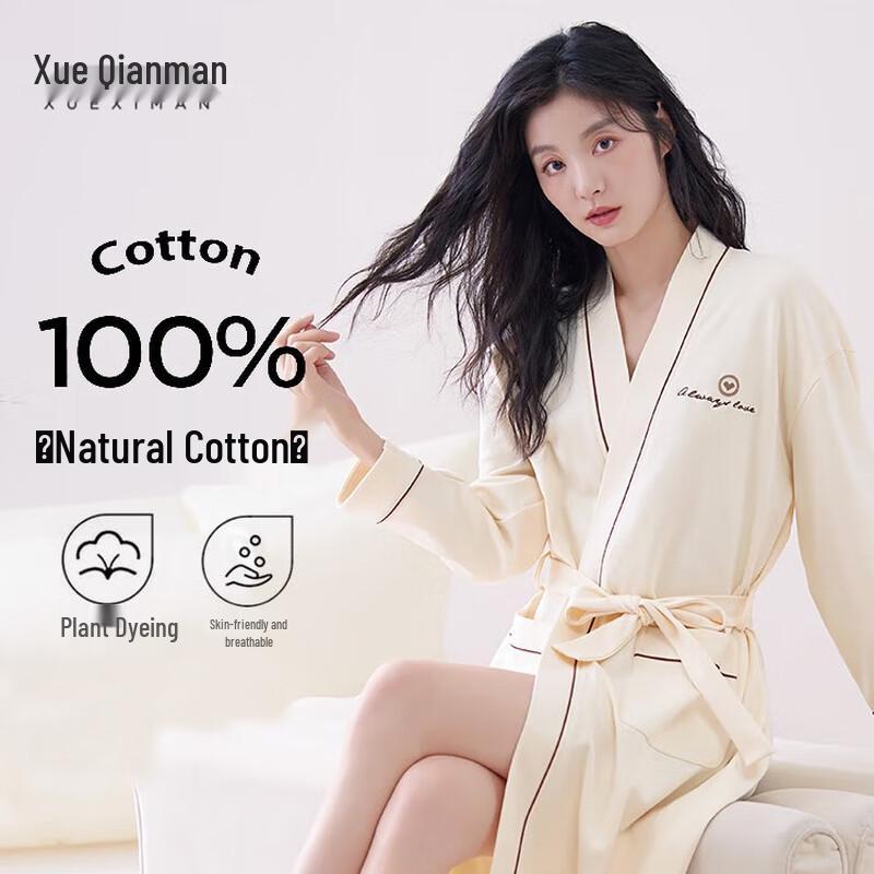 Xueqiman Women s 100% Cotton Long-Sleeve Lounge Robe XL