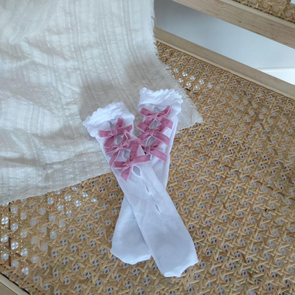 Children's Socks Summer Lolita Wooden Ear Mesh Ribbon Large Bow Mid-tube Socks for Girls