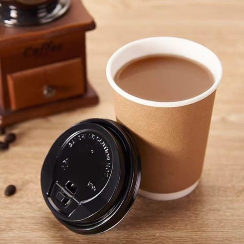 Disposable Paper Cups for Coffee, 8/10/12/16/22 Oz., Heat-Resistant, with Lids, Pack of 100. Double-Layered Insulated Paper Cups, Cardboard, Double-La