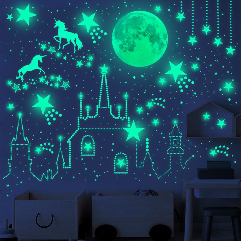 893-Piece Luminous Moon, Unicorn, Stars & Dots Fluorescent Wall Stickers for Children's Bedroom