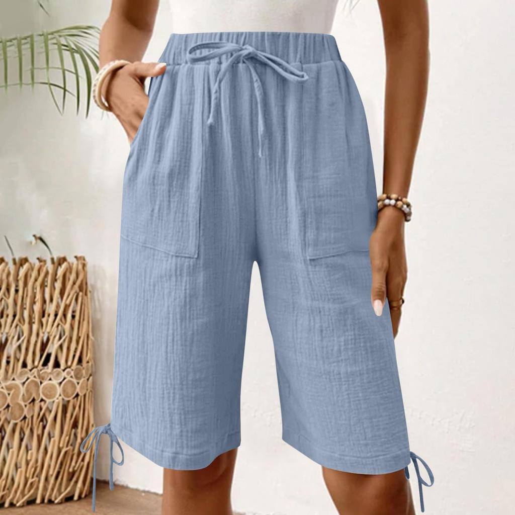 Women's Fashionable Color Elastic Waist Pocket Casual Loose Cotton And Linen Five Quarter Shorts