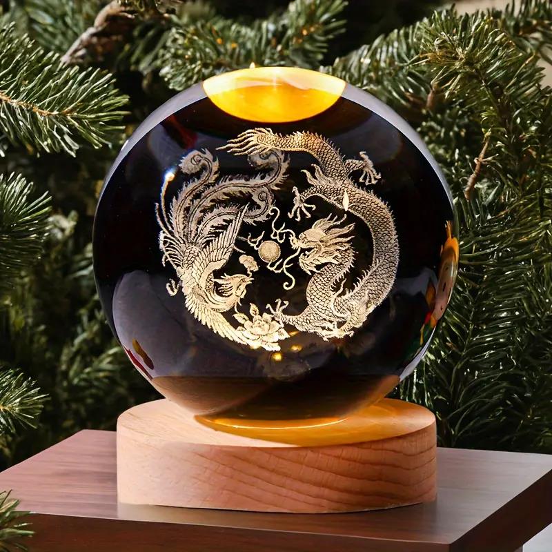 1pc 3D Laser Engraving Dragon Phoenix Auspicious Crystal Ball Night Light Modern Polished Glass Decoration Christmas H