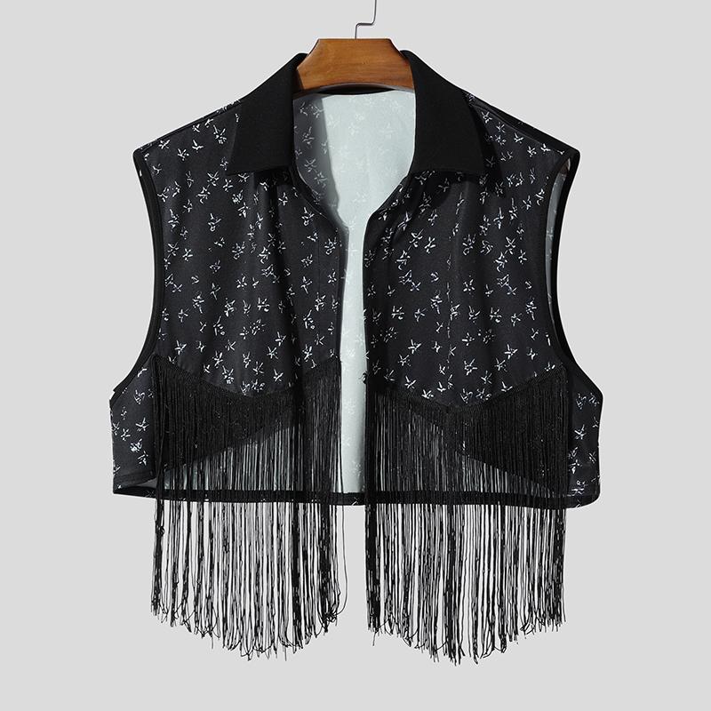 

INCERUN Men Sleeveless Print Tassel Patchwork Loose Short Waistcoats Tank Tops 4XL чёрный