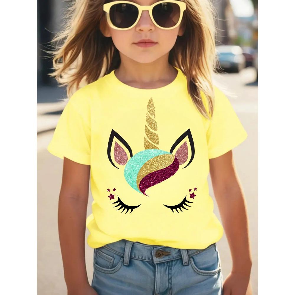 Summer Fashion Girls' Short Sleeved T-shirt "Unicorn" Printed Casual Versatile Top