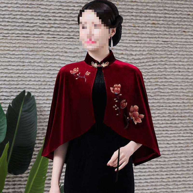 Women s Elegant Embroidered Velvet Qipao Shawl Jacket XL for up to 60 kg вино красного