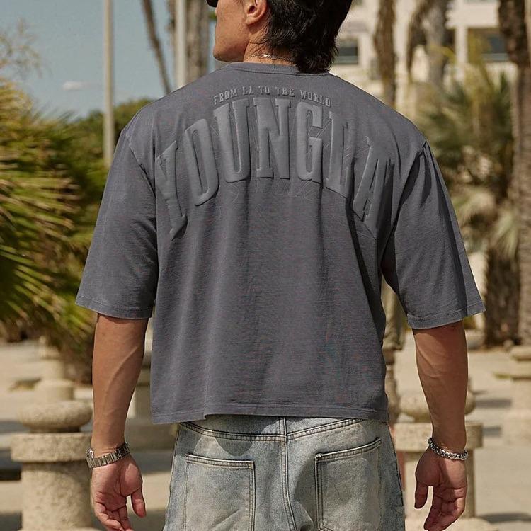 

YOUNGLA Men s Puff Print Oversized Cotton T-Shirt - Short Sleeve Casual Fitness Top M