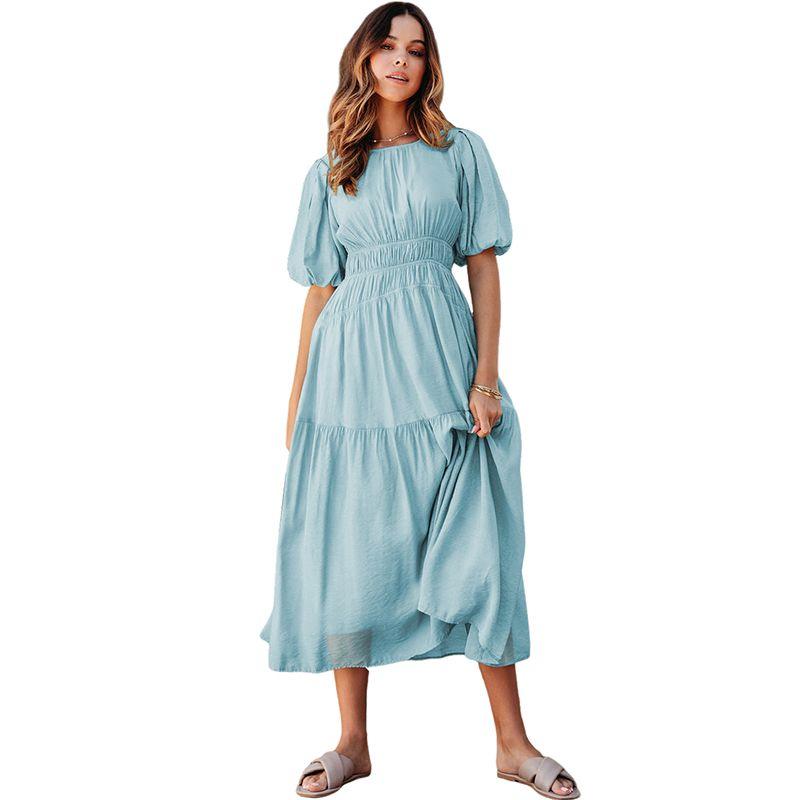 

American Shiying Pure Color Puff Sleeve Dress Women 2025 Summer New Arrival Pleated High Waist Slim-Fit Skirt Women Blue Size XL fit (70.00 kg-75.00 kg