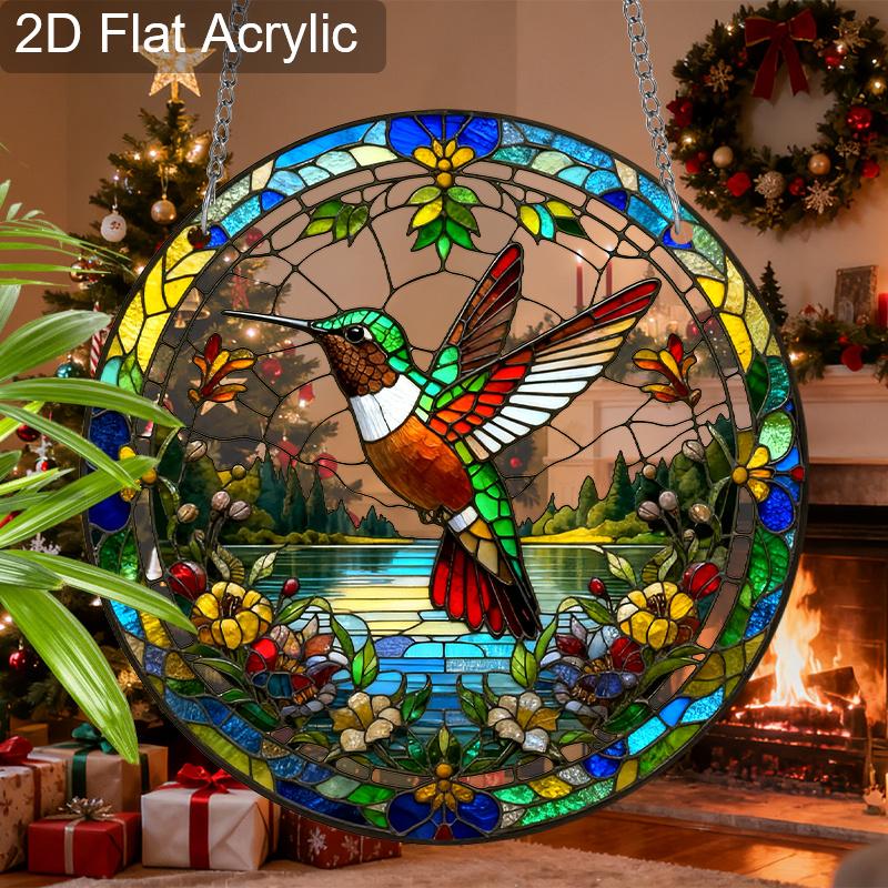 Acrylic Hummingbird & Floral Landscape Suncatcher Stained Glass Effect Window Hanging Ornament Bird Lover Gifts