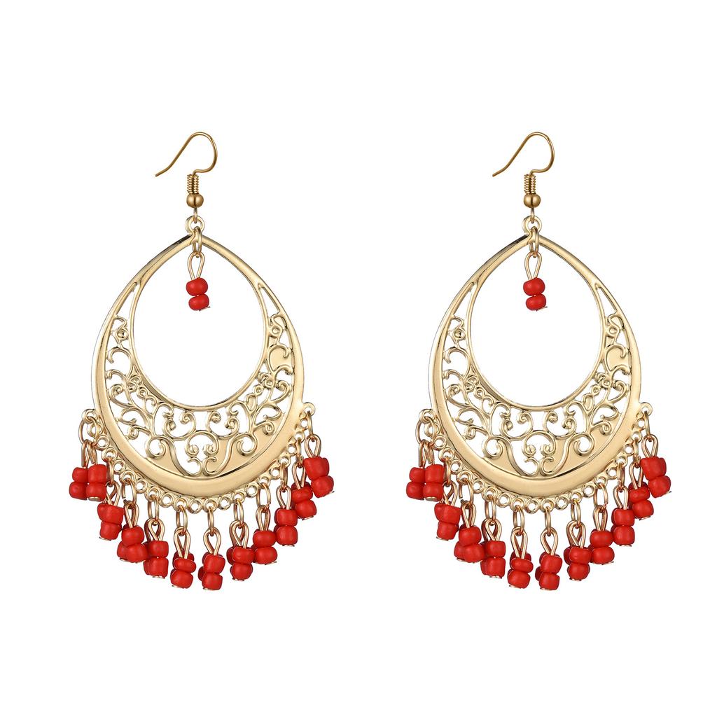 Bohemian Round Water Drop Tassel Earrings Jewelry Ethnic Style Hand Woven Hollow Geometric Statement Earrings for Women Girls
