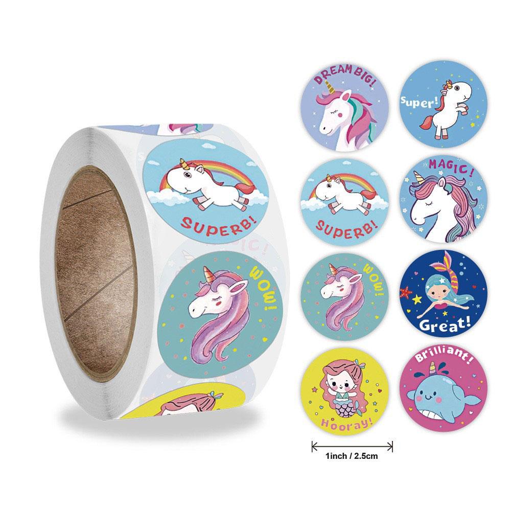 500Pcs/Roll Rainbow Unicorn Flying Horse Themed Stickers 2.5cm/1.0in Round Reward Sticker Gift Sealing Holiday Decorative Labels