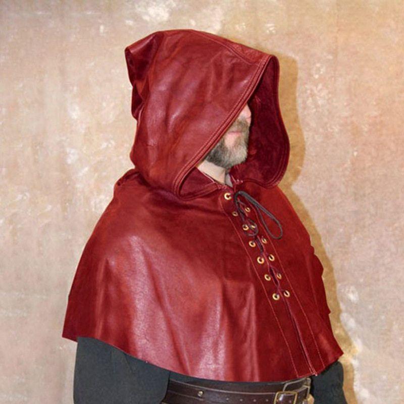 

Fashion Medieval Artsy Revival Men PU Leather Cap Hunter Hooded Shawl Retro Cape Cap Wizard s Hat. Red One size