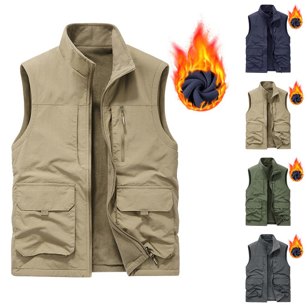 Mens Winter Fleece Cargo Vest Outdoor Multi Pocket Sleeveless Jacket Warm Thick Work Waistcoat