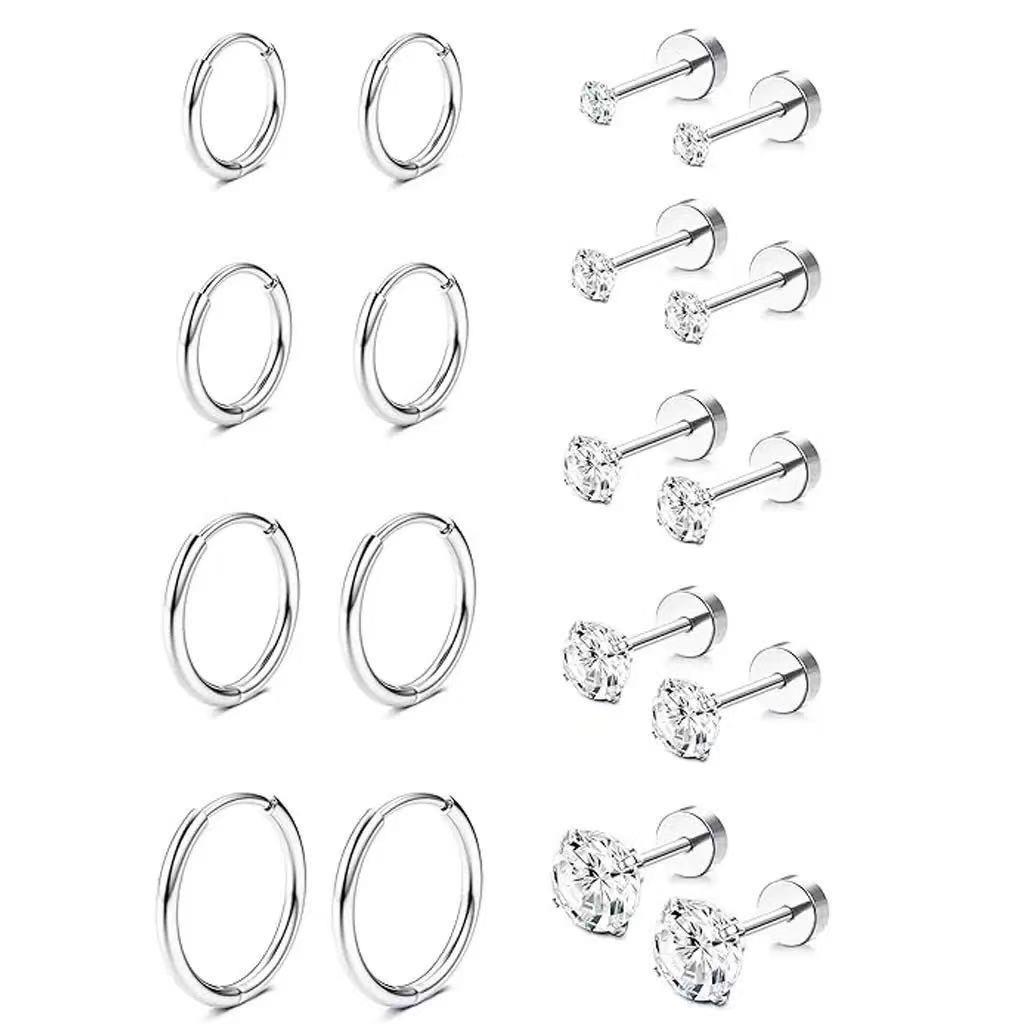 Stainless Steel Circle Huggie Hoop Earrings Set for Women Gold Color Unique Zircon Flower Stud Earring Piercing Jewelry