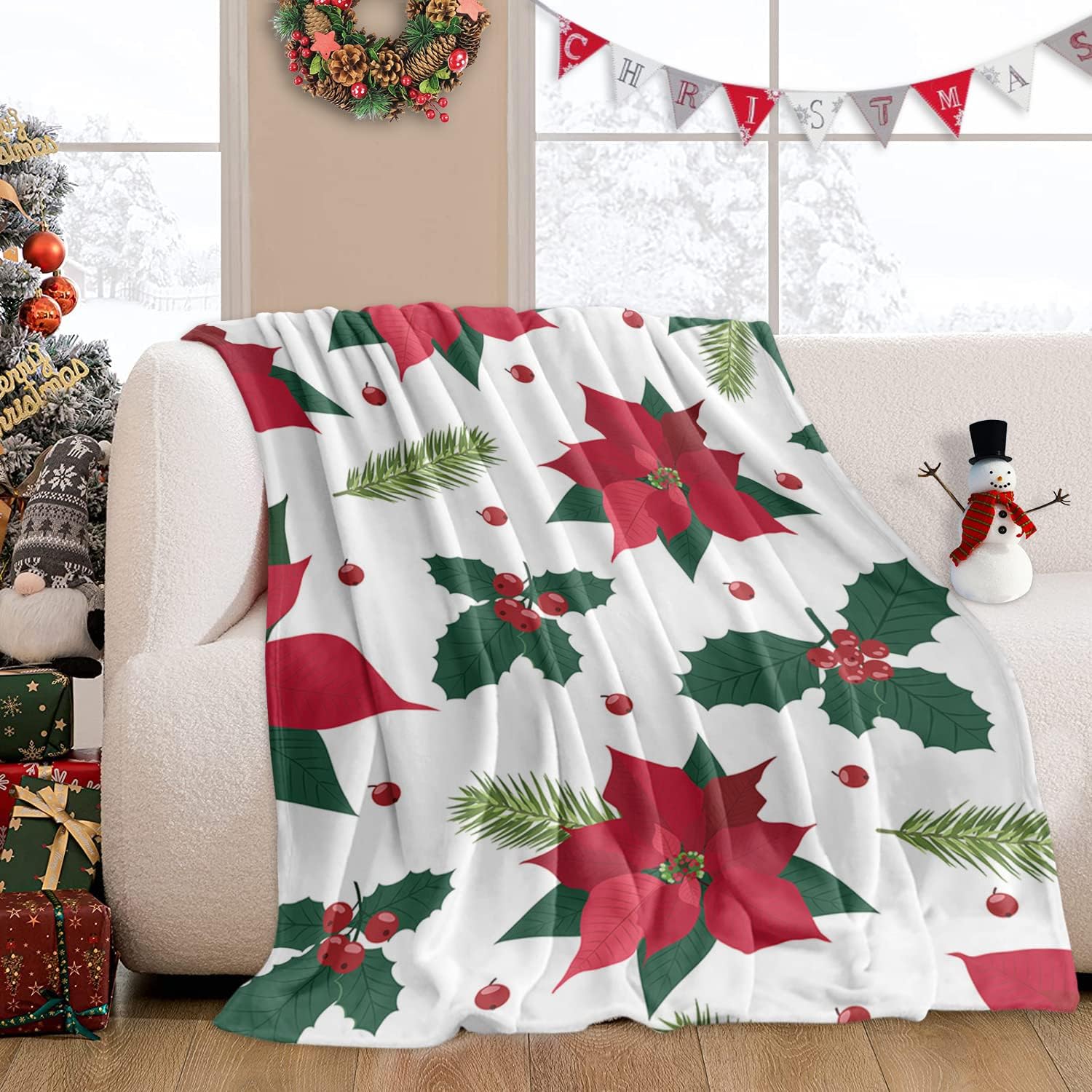 

Christmas Plaid Santa Snowman Reindeer Throw Blanket Festive Design for Living Room Decor Gift for Her HolidayStyle 70x100cm28x39in