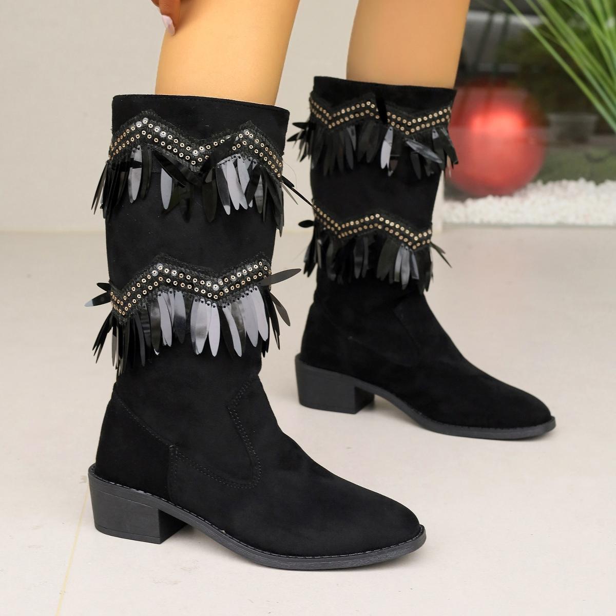 

Fashion 2024 Fashion Round Head Women Ankle Boots Sequin Decoration Ladies Booties Square Heels Pumps Outdoors Shoes for Female 43 чёрный