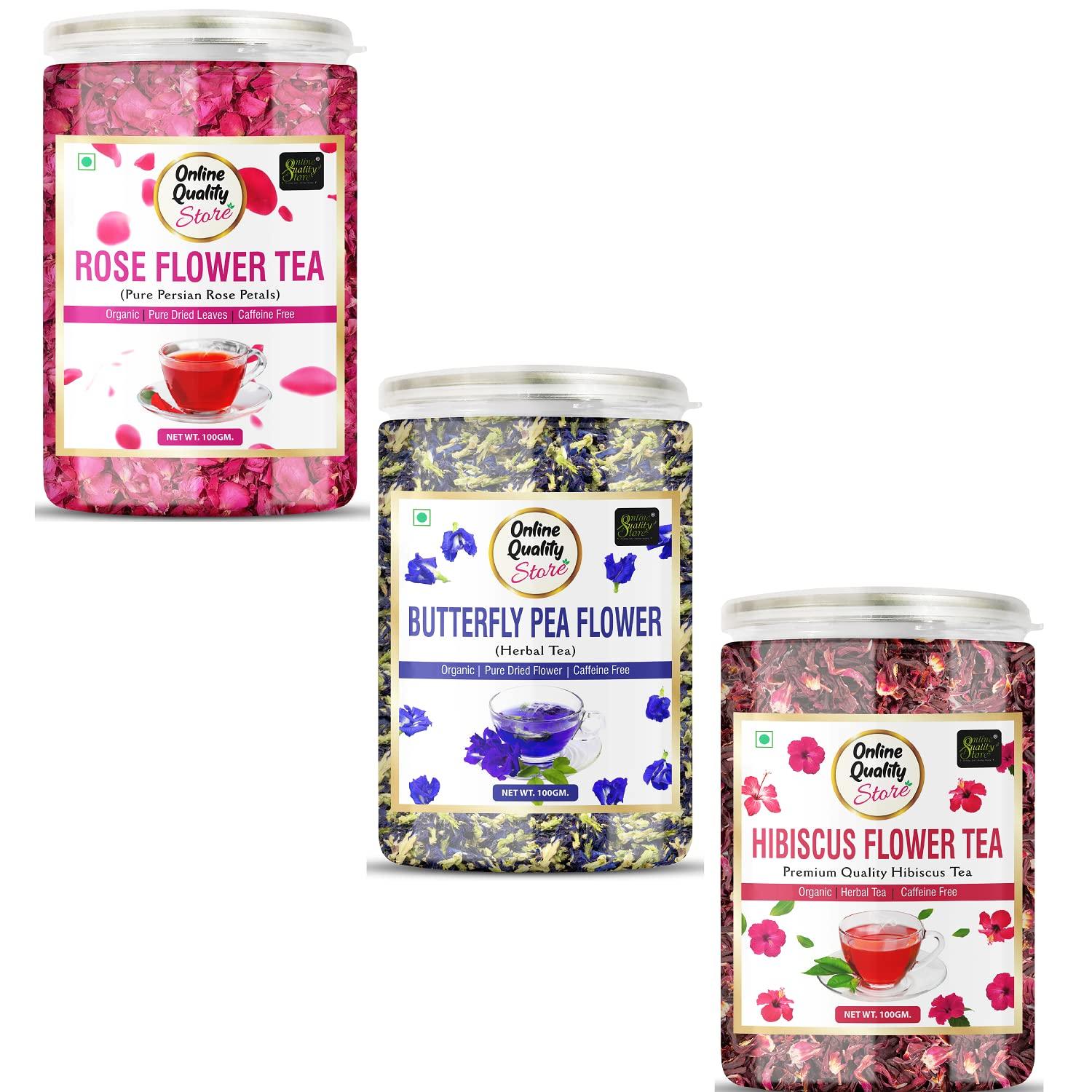 

Online Quality Store Natural Hibiscus Flower Tea, Butterfly Pea, Rose Combo - 300g (100g x 3 Pack) | Caffeine Free Herbal Tea | Reduce Stress