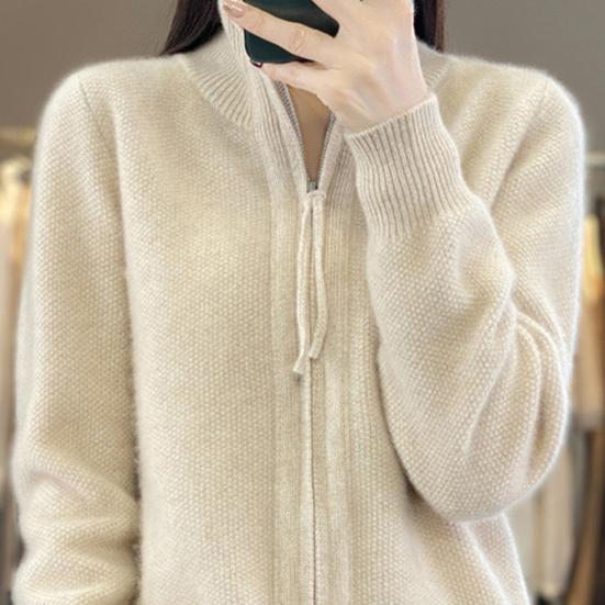 Women Knitted Sweater Coat High Collar Long Sleeve Double Zipper Placket