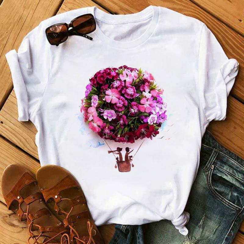 Maycaur Cute Floral Print Women T Shirt Summer Casual Short Sleeve Tshirt Ladies White Flower Tshirt