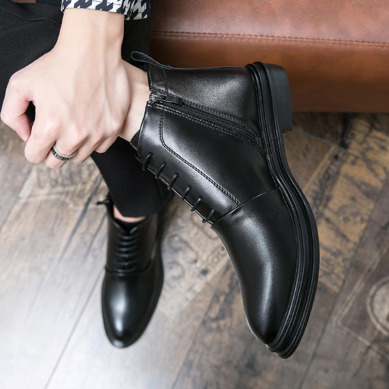 Fashion Side Zipper Male Business Footwear All-match Leisure Walking Shoes Handmade Lace-Up Mens Basic Boots Retro Casual Leather Boots
