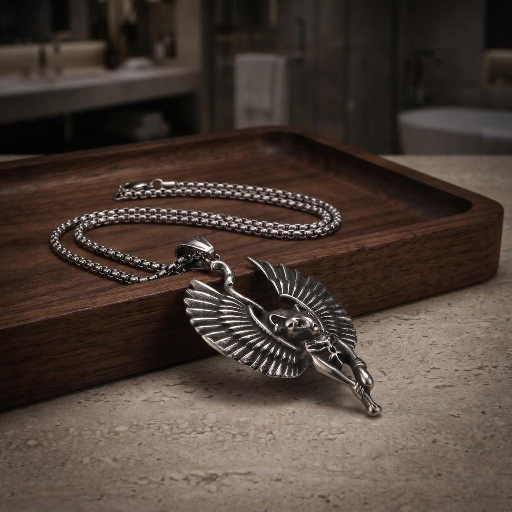 Ancient Egyptian Bastet Cat Double-Winged 3D Pendant On Stainless Steel Square Bead Chain
